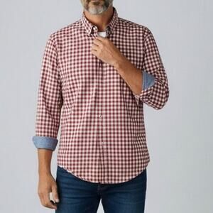 ZARA MAN Red Gingham Check Plaid Blue Chambray Flip Cuff Neck Trim Men XL/L Slim